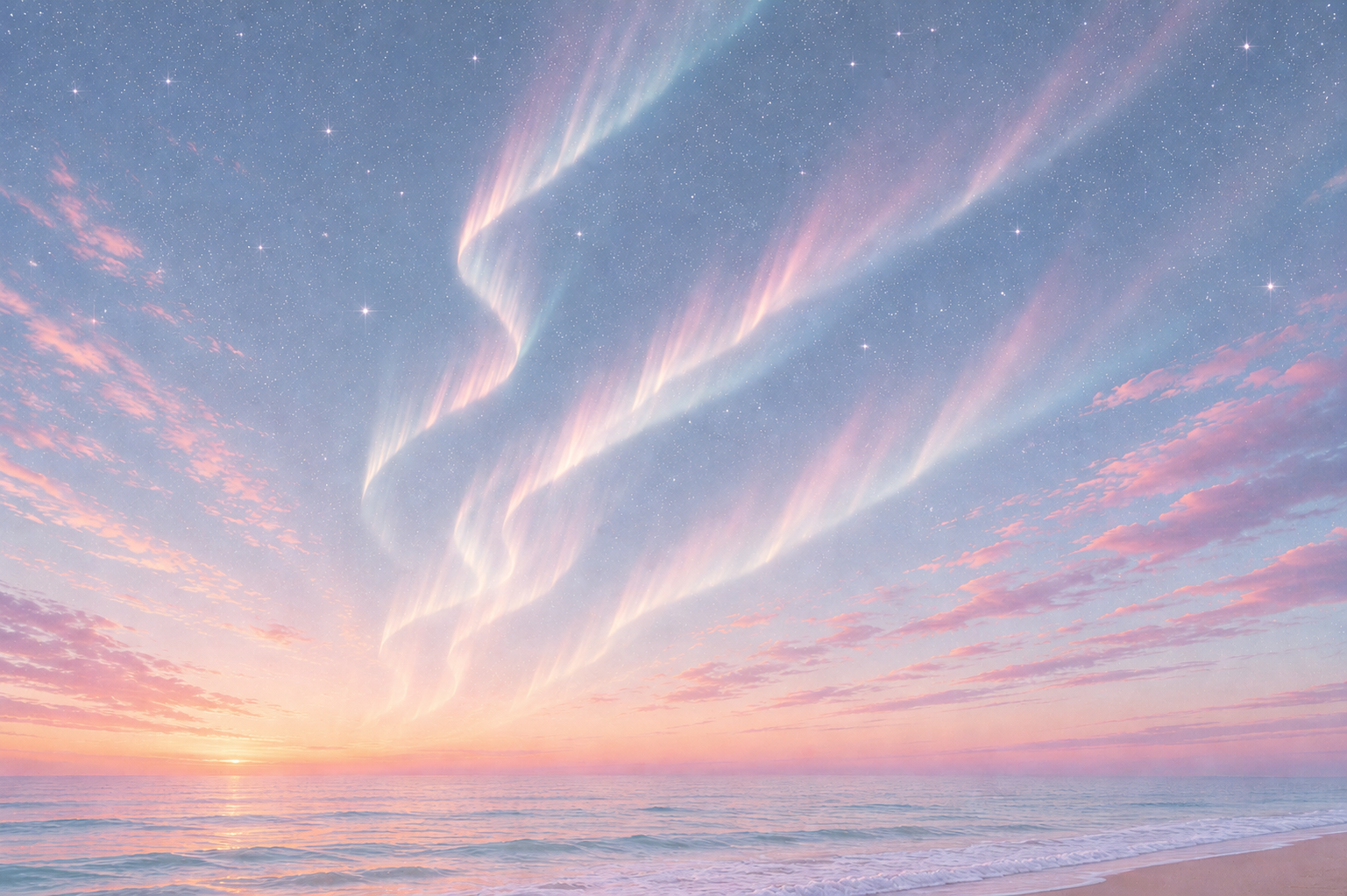 Céu ao amanhecer com auroras e estrelas